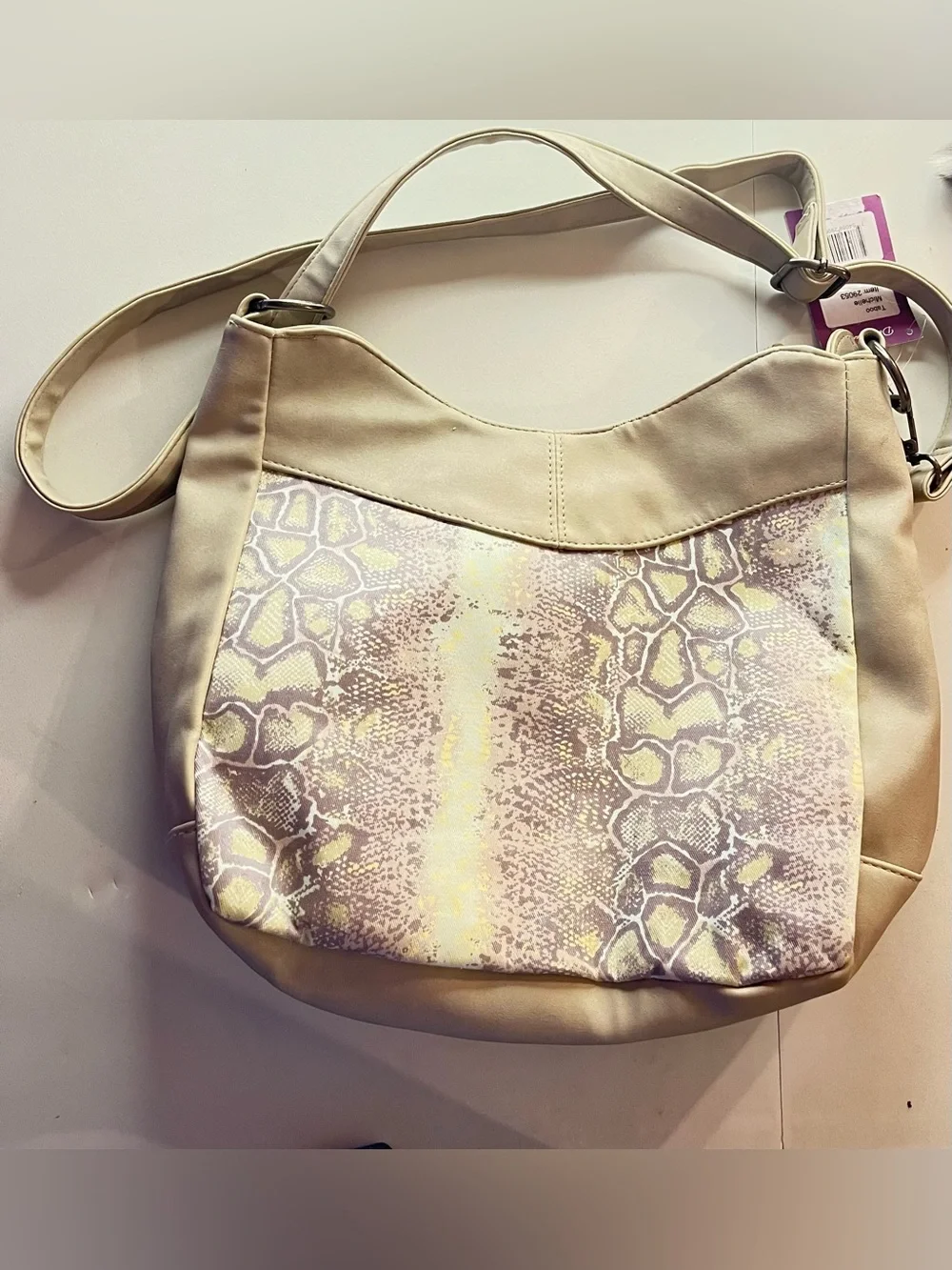 Cream Snake-Print Shoulder Bag with Pastel Accents